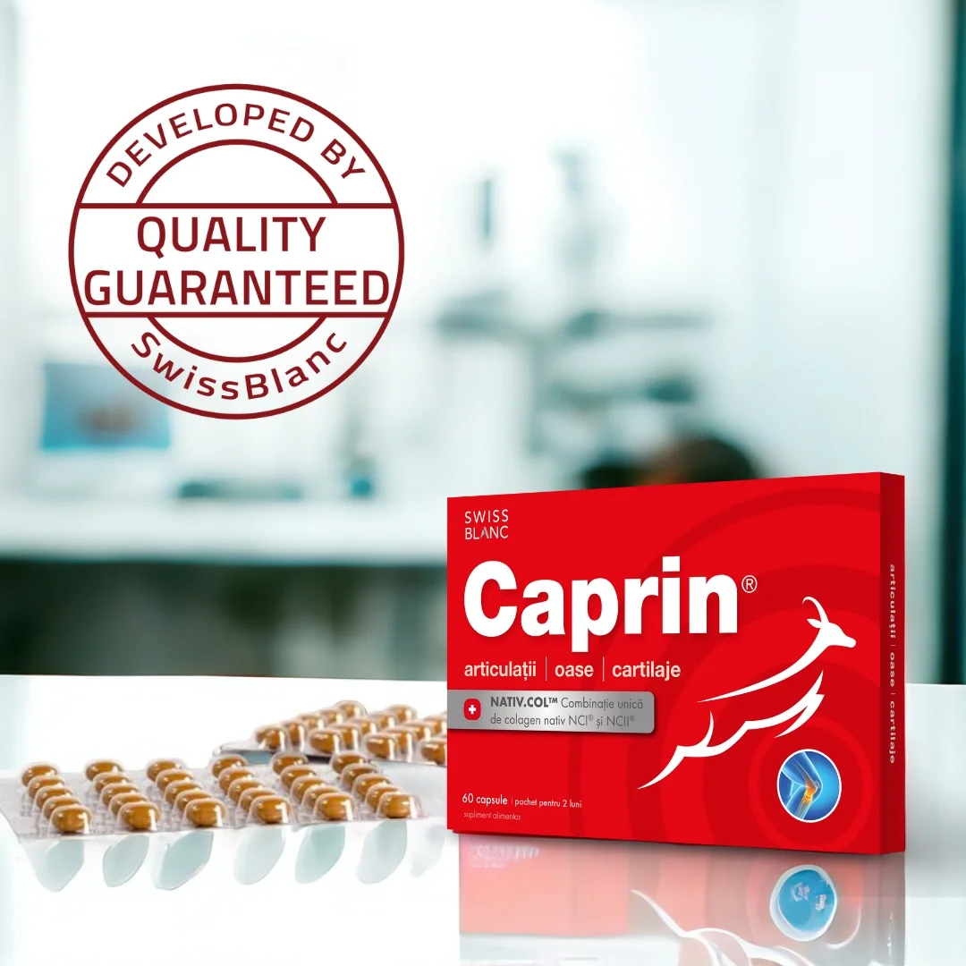 Caprin – supliment premium cu colagen natural pentru articulații, oase și cartilaje, produs în Elveția cu garanția calității Swiss Blanc