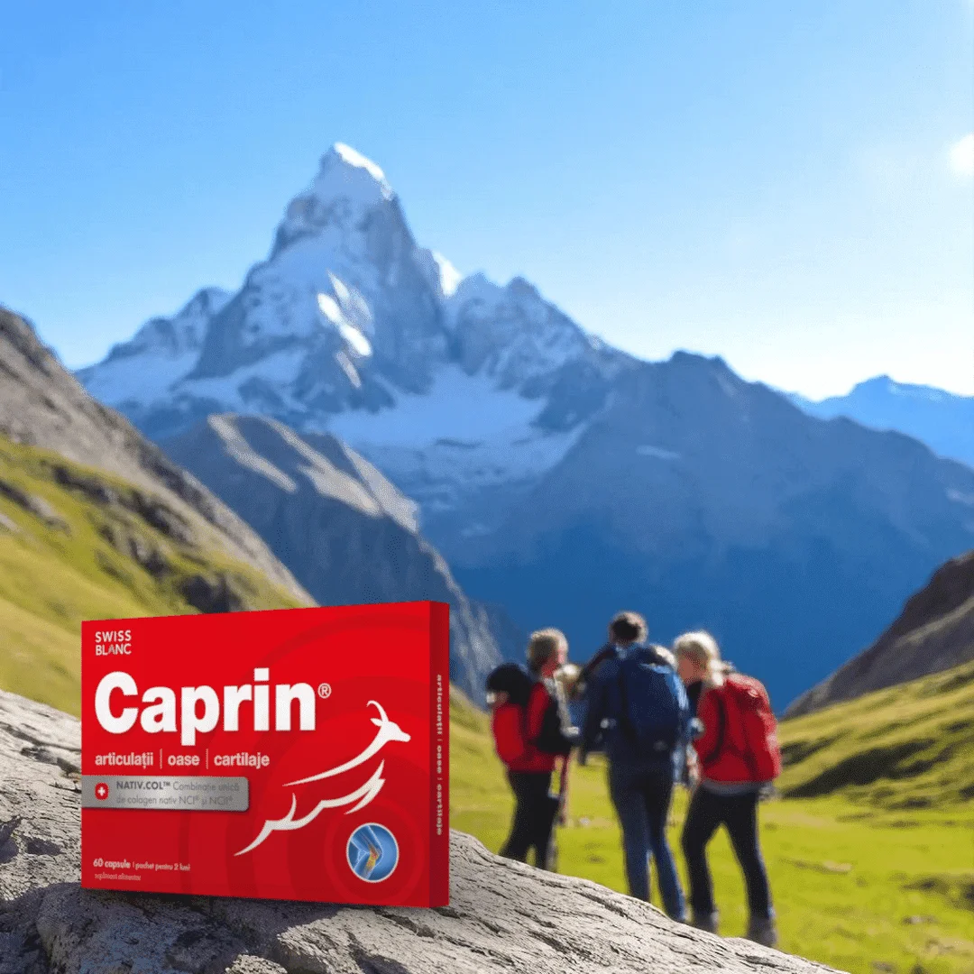 Caprin – supliment premium cu colagen natural pentru articulații sănătoase, inspirat din natura Elveției, cutie 60 capsule lângă peisaj montan alpin