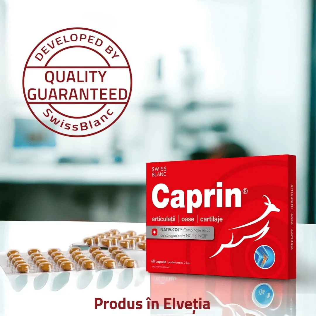 Caprin – supliment premium cu colagen natural pentru articulații, oase și cartilaje, produs în Elveția cu garanția calității Swiss Blanc